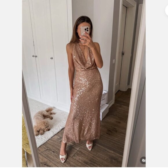Zara Sequin Halter Maxi Dress NWT Beige Pink Size Medium - Picture 9 of 16